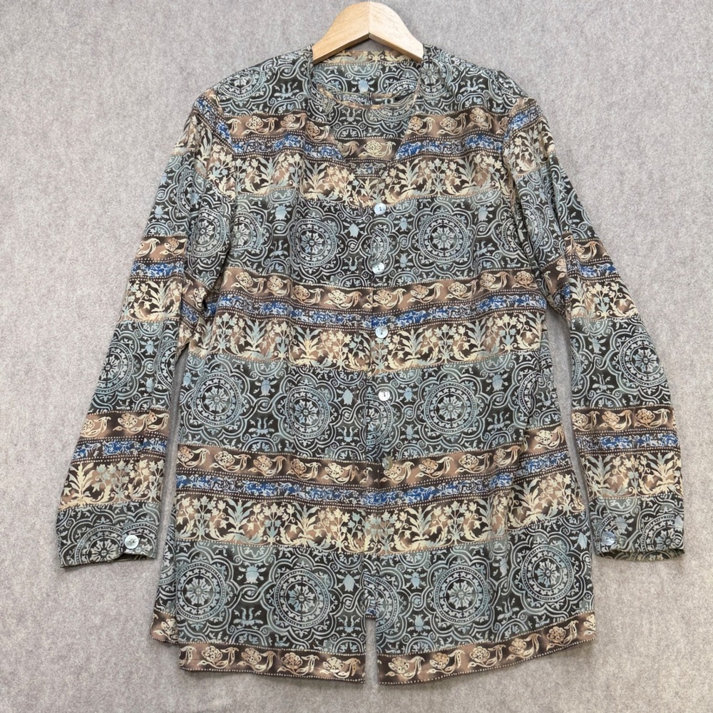 Vintage 90s Y2K Silk Blouse & Tank Set Womens M Rafaella Blue Brown Boho Grandma